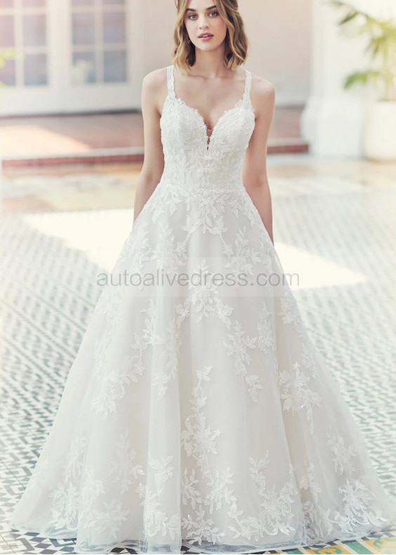 Ivory Lace Tulle Keyhole Back Glitter Wedding Dress